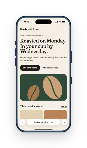 Simlord toont de website van een koffiebranderij op een iPhone 17 Pro
