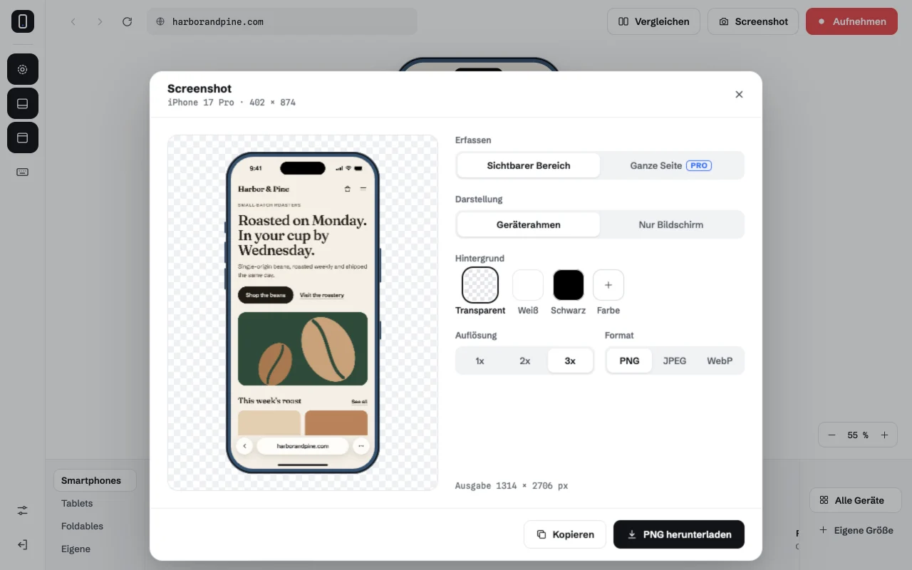 Screenshots mit Geräterahmen