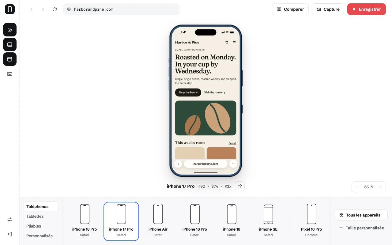 Simlord affichant le site d’un torréfacteur sur un iPhone 17 Pro