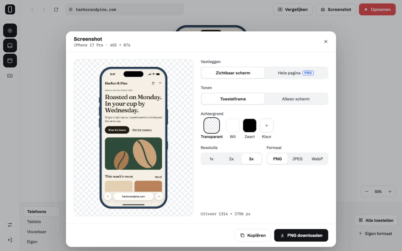 Screenshots met toestelframe
